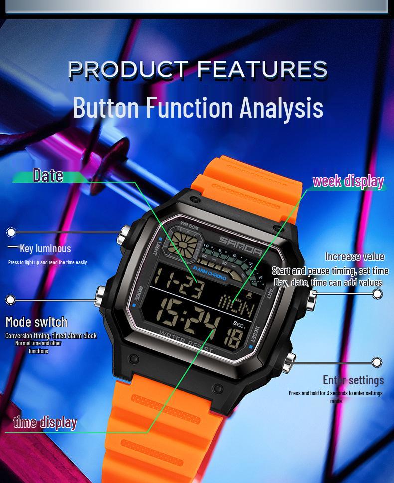Sanda Sports Waterproof Square Electronic Watch for Teens - Unisex Fashionable and Simple Design