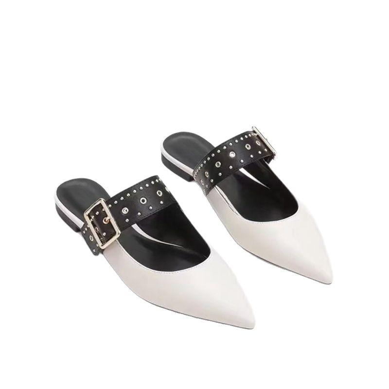 Rivet Sexy Pointed Flat Shoes Spring and Summer One-word Buckle with Rivet Bag Head Half Slippers Shoes Fashion