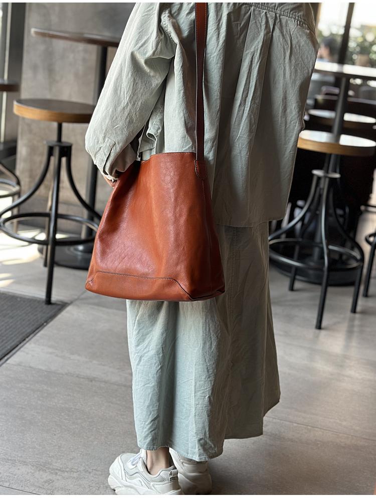 Johnature Sacs à bandoulière seau simples en cuir véritable pour femmes, fourre-tout Vintage de grande capacité en cuir de vache, sac de Shopping