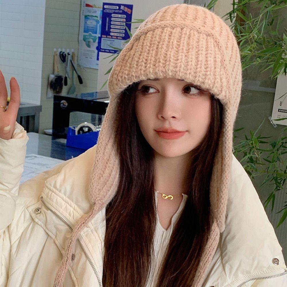 Windproof Ear Protective Hat Keep Warm Wool Pullover Hat Sweet Women Knitted Hat  Outdoor