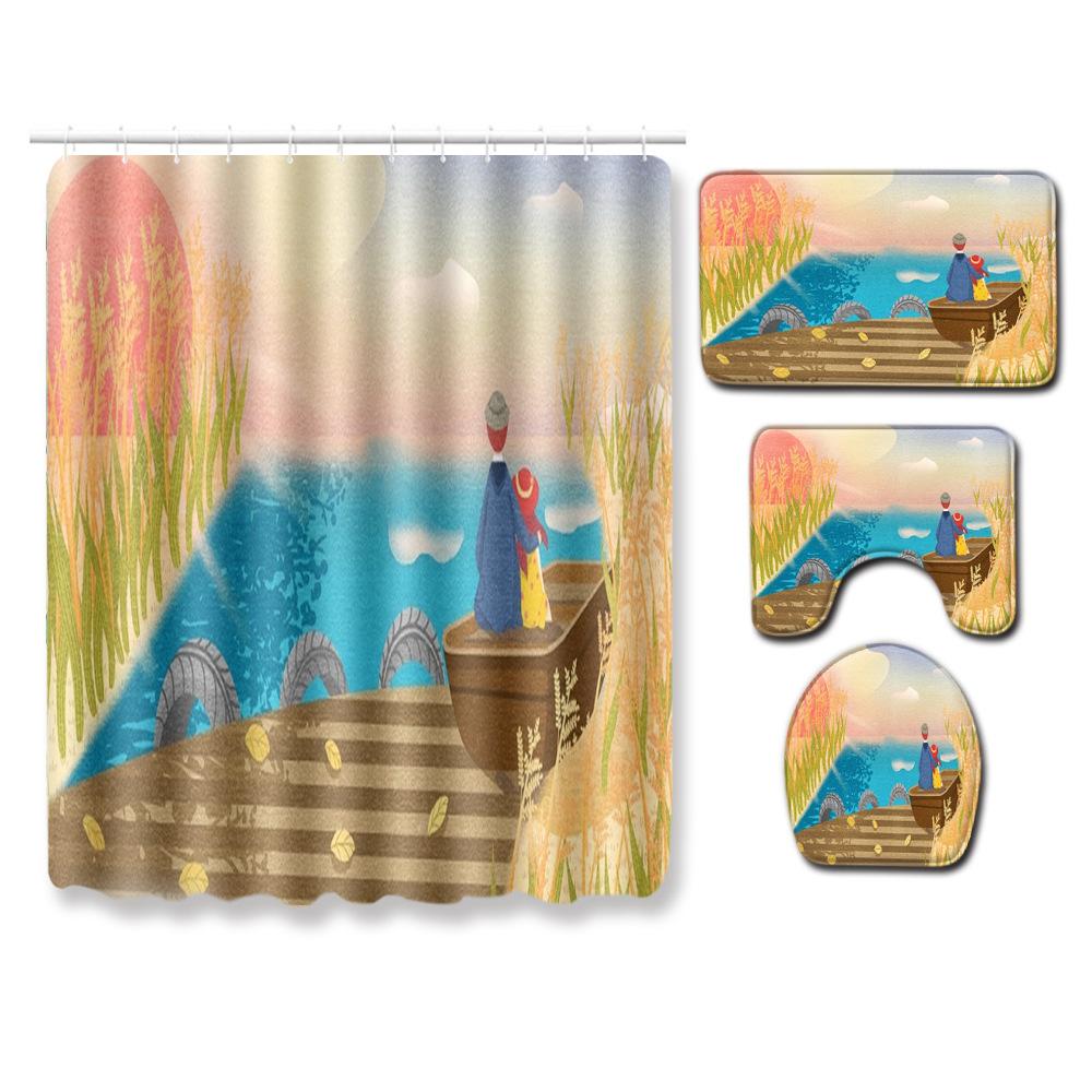 Watercolor Textured Bathroom Shower Curtain Floor Mat Toilet Cover Foot Mat Four-Piece Set