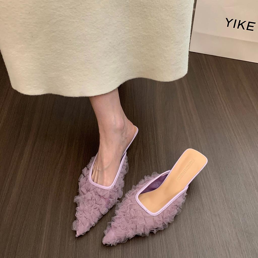 Women's Spring and Summer 2025 Large Size French Temperament Lace Mesh Bag Head Cool Slippers