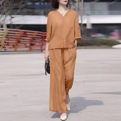 Women 3/4 Sleeve Blouse and Pants Casual Two Piece Suit Sets