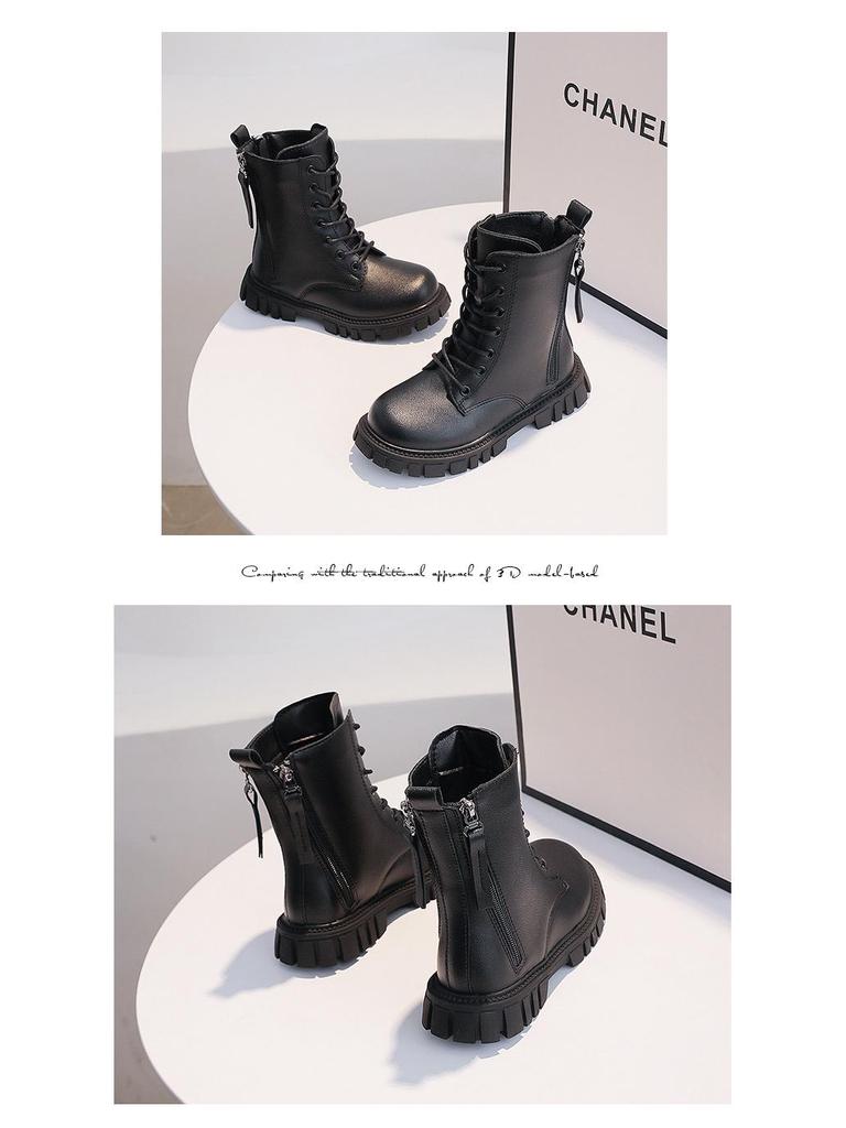 Winter 2025 Girls' Ankle Martin Boots with Velvet, Leather Princess Style for Little and Big Kids