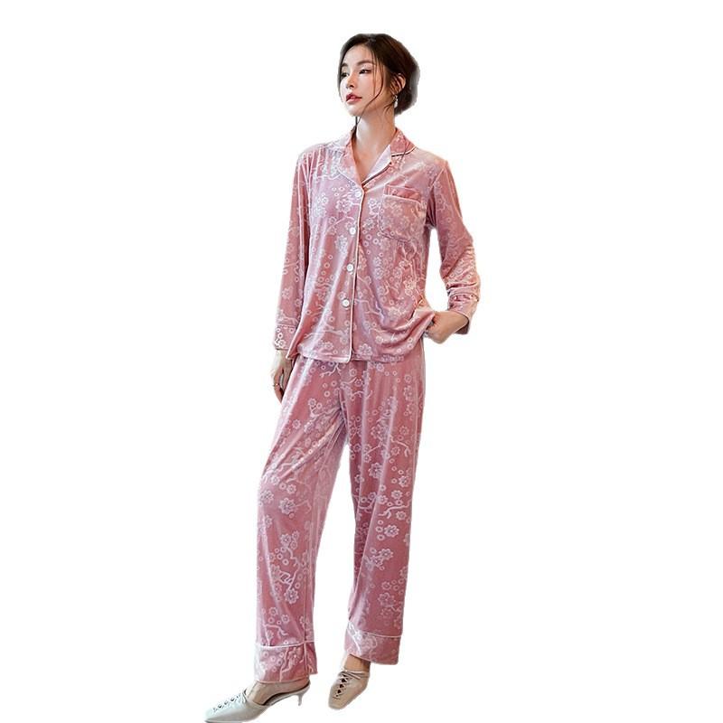 Plum blossom printing light luxury golden velvet women's pajamas autumn and winter long sleeves comfortable warm loungewear set