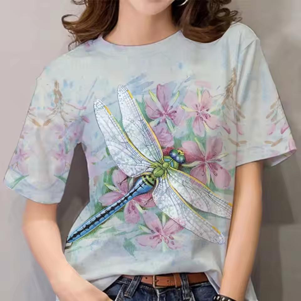 Summer Dragonfly 3D Printed T-shirt Top Short Sleeve Women's Loose Street T-shirt