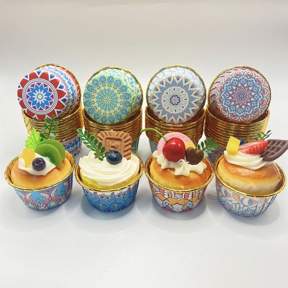 50pcs Bohemian-Print Muffin Cups Aluminium Foil Cupcake Cases Heat Resistant Baking Cup Disposable Cake Pan For Home Kitchen