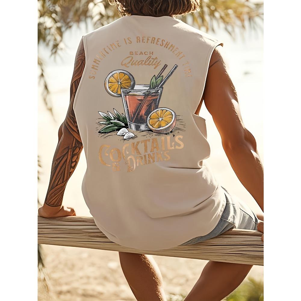 SEASON Men's Casual Sports Vest Lightweight Breathable Woven Fabric round Neck Sleeveless Printed with English Juice Patterns
