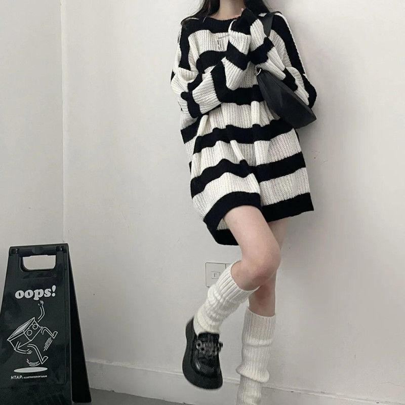 Gothic Sweaters Women Harajuku Punk Knitted Stripes Jumper Vintage Plus Size Loose Long Sleeve Pullover Tops Streetwear