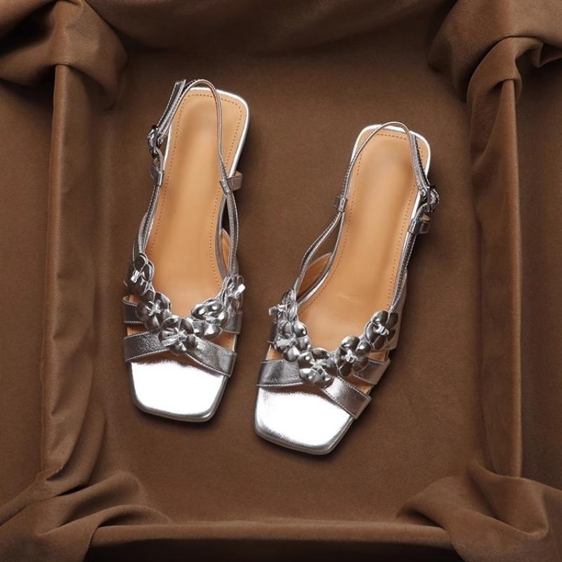Fashion Open Toe Block Heel Roman Sandals Women's Summer New Fashion Square Toe Shallow Mouth One Strap Flower Sandals