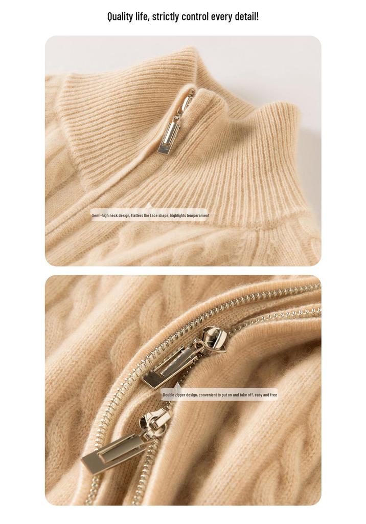 Women's Cable Knit Cashmere Cardigan - Solid Color, Stand Collar, Zipper Closure, Autumn/Winter Casual Style Sweater