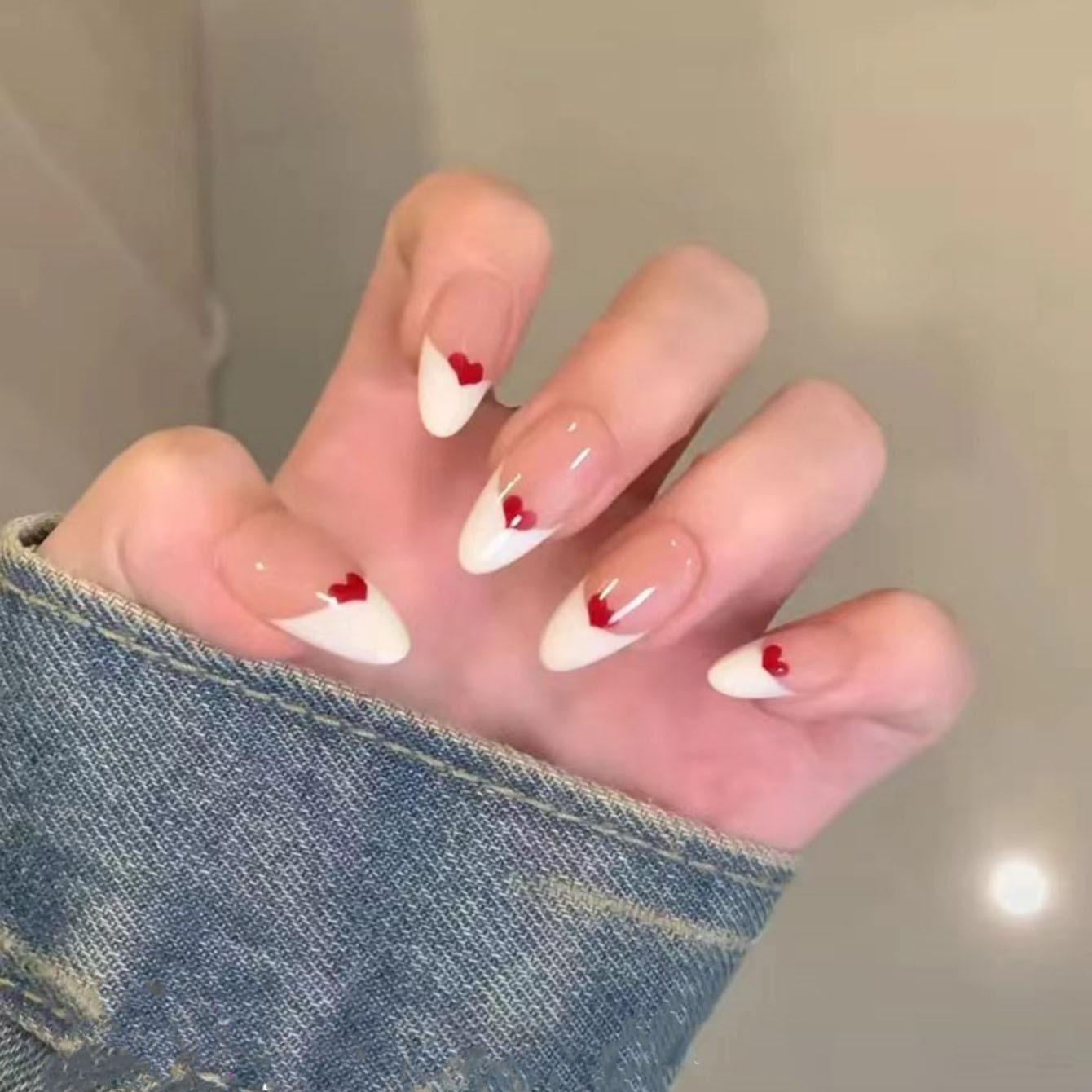

Water Drop Minimalist White and Red Heart French Manicure Set - 24-piece Fake Nails