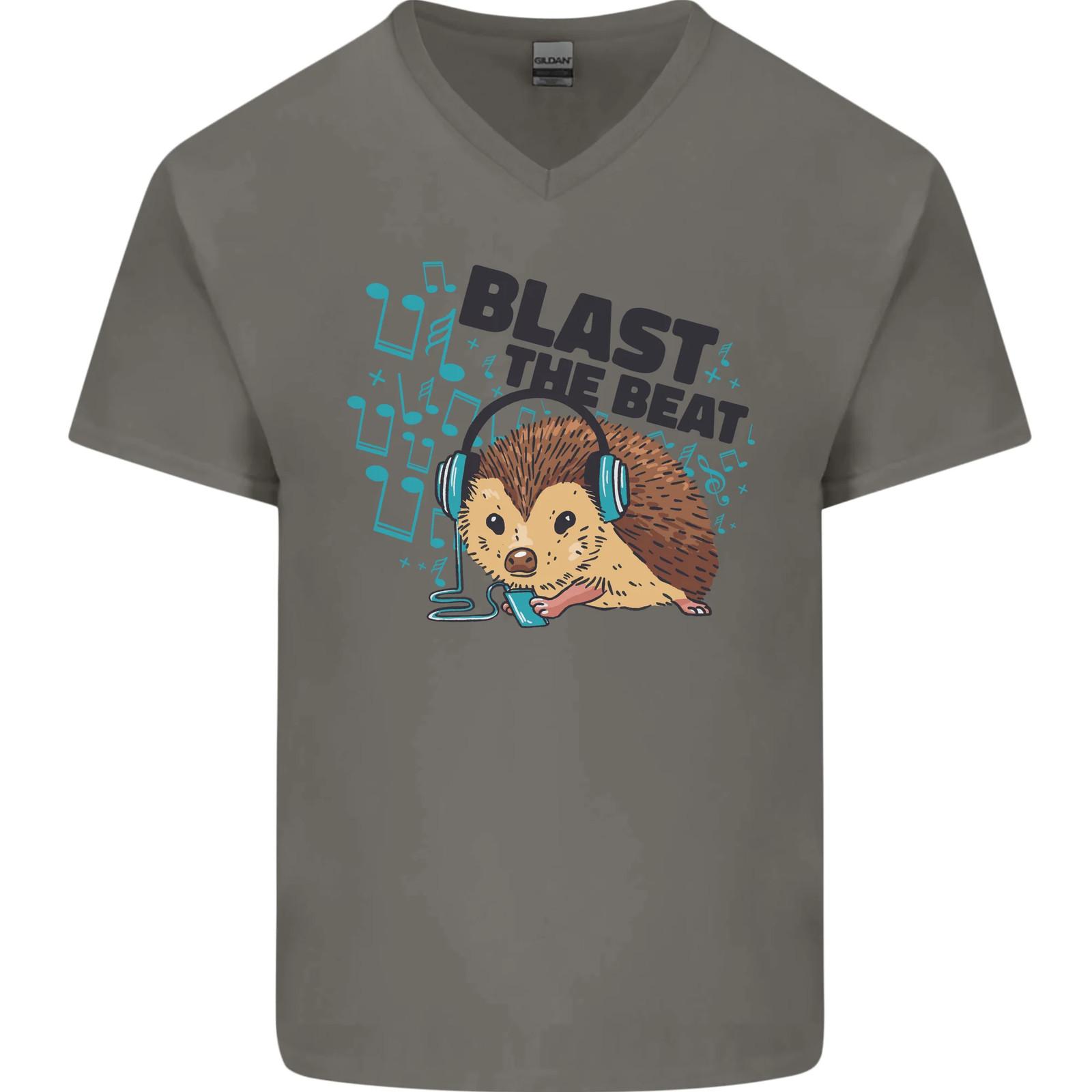 A Music DJ Hedgehog Headphones Dance Mens VNeck Cotton T-shirt L