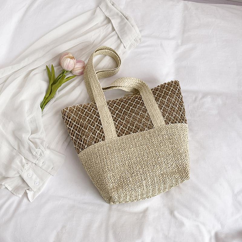 Straw Woven Tote Bag Women Summer Beach Handbag Natural Rattan Shoulder Bag Casual Vacation Style Bag
