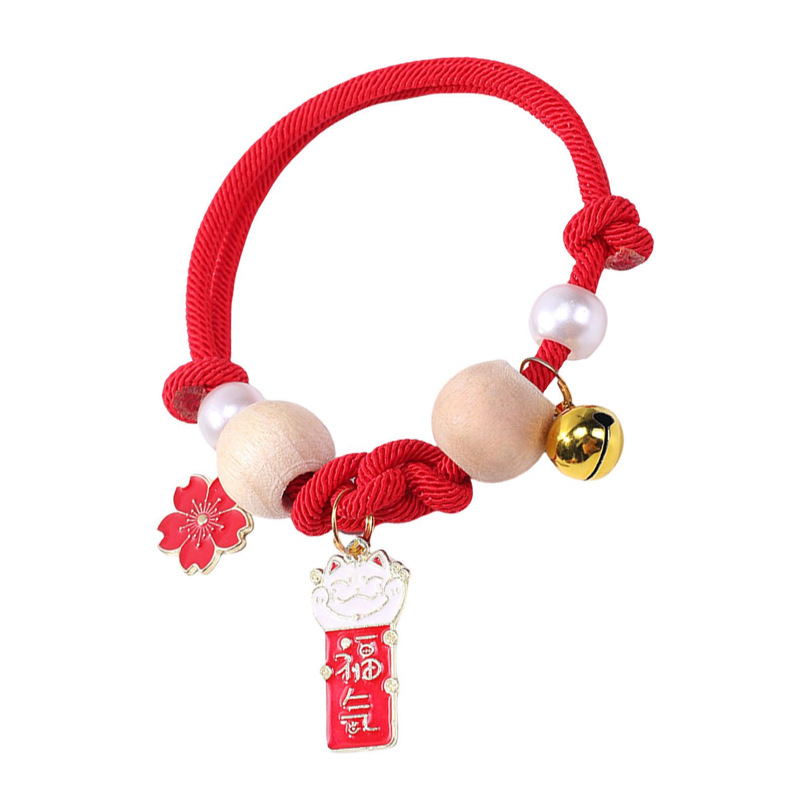 

Kitten Collar With Bell Camphor Wood Beads Cat Necklace Bell Collar with Crochet and Ethnic Design for Flea Prevent красный