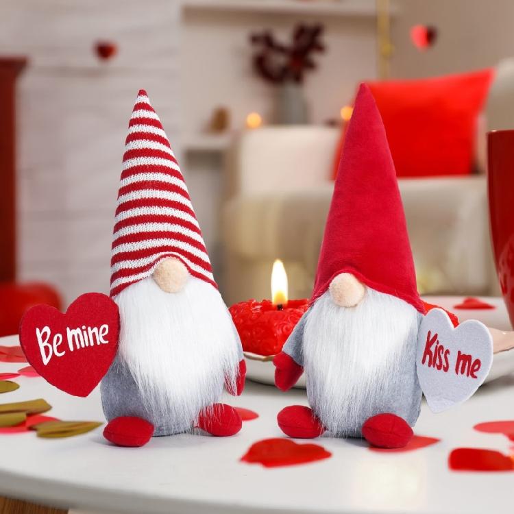 Sweet Love Heart Gnomes Elf Plush Dolls with Striped Hat Stuffed Dwarf Figurine Ornament for Couples Valentines Gift