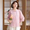 Elegant Chinese Summer Three-Quarter Sleeve Shirt for Women 2026: Age-Defying Top for Middle-Aged & Elderly, Hides Tummy