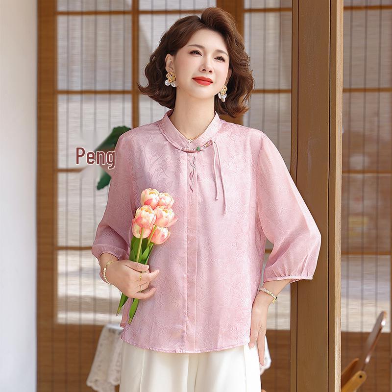 Elegant Chinese Summer Three-Quarter Sleeve Shirt for Women 2026: Age-Defying Top for Middle-Aged & Elderly, Hides Tummy