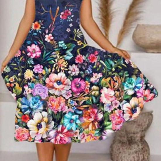 V-Neck Short Sleeve Large Hem Midi Dress Colorful Flower Printing Ladies Casual Dress