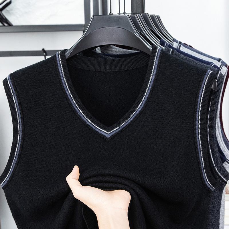 Men's V-Neck Wool Knit Vest - Autumn/Winter Solid Color, Middle-Aged & Elderly Style
