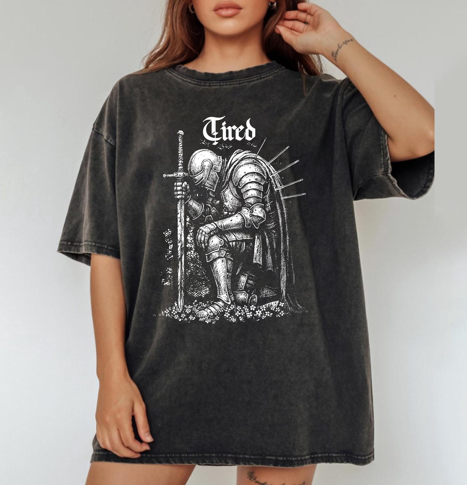 Gothic Tired Knight T-Shirt, Medieval Fantasy Tee, 90s Grunge Streetwear Gift M