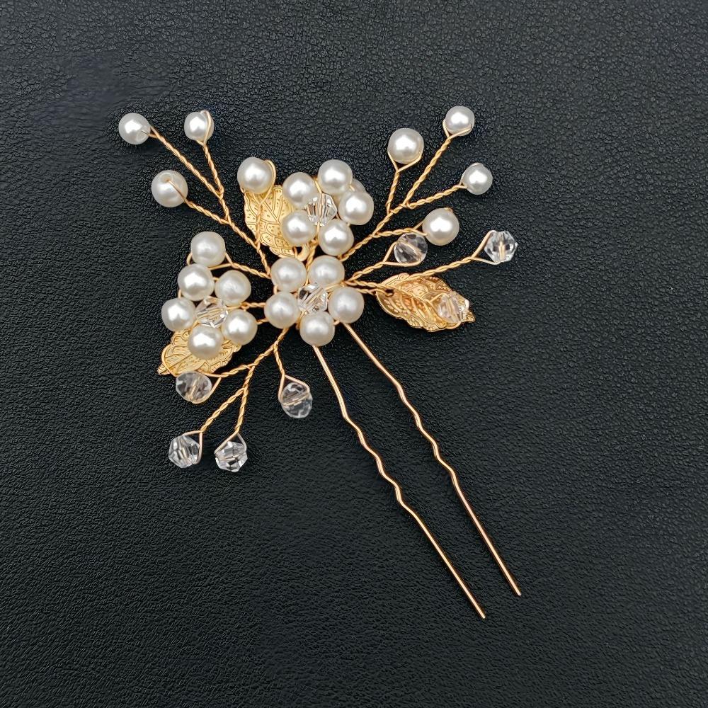 1 Zestaw spinki do włosów z kwiatem perłowym Zestawy grzebieni do włosów dla panny młodej Ślubne akcesoria do włosów Tiarki ze stopu ze złotym liściem Spinka do włosów księżniczki Modna biżuteria