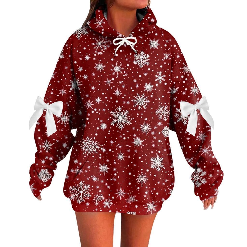 Ladies' Christmas Printed Bow Long Sleeved Loose Fitting Headband With Rope Hooded Sweatshirt Top