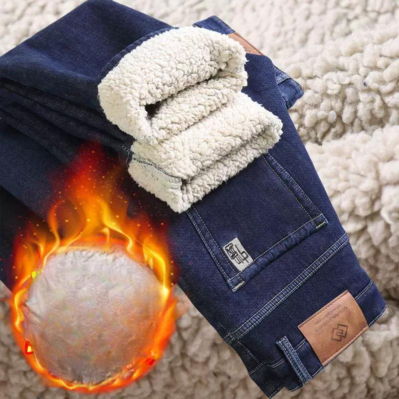 Winter Lambskin Jeans for Men, Thick and Warm, Loose Straight Leg Casual Elastic Business Pants