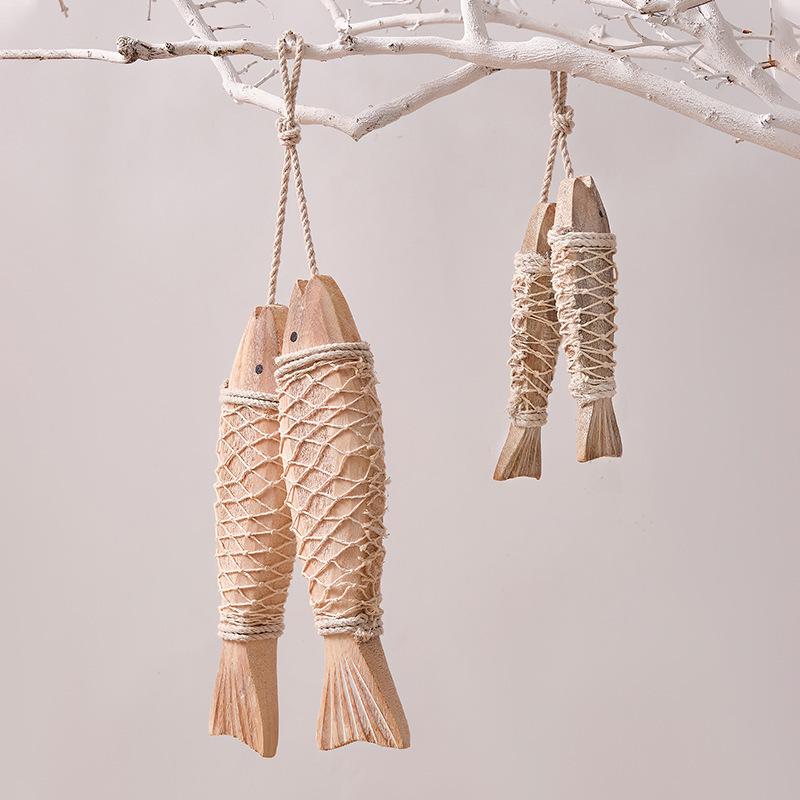 Mediterranean Hand-Carved Wooden Fish with Net Wall Hanging Ornament