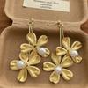 Hot Sale Simulated Pearl Metal Double Flower Petal Tassel Long Drop Earrings for Women Gold Silver Plated Alloy Jewelry