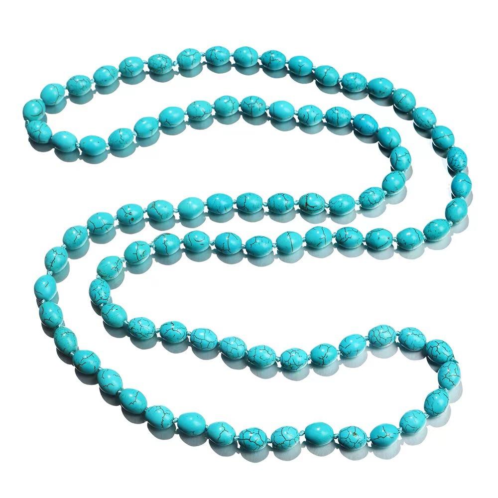 Original Ethnic Longline Necklace, Handmade Turquoise and Rice Bead Jewelry with Folk Style Artisan Design for Unique Statement