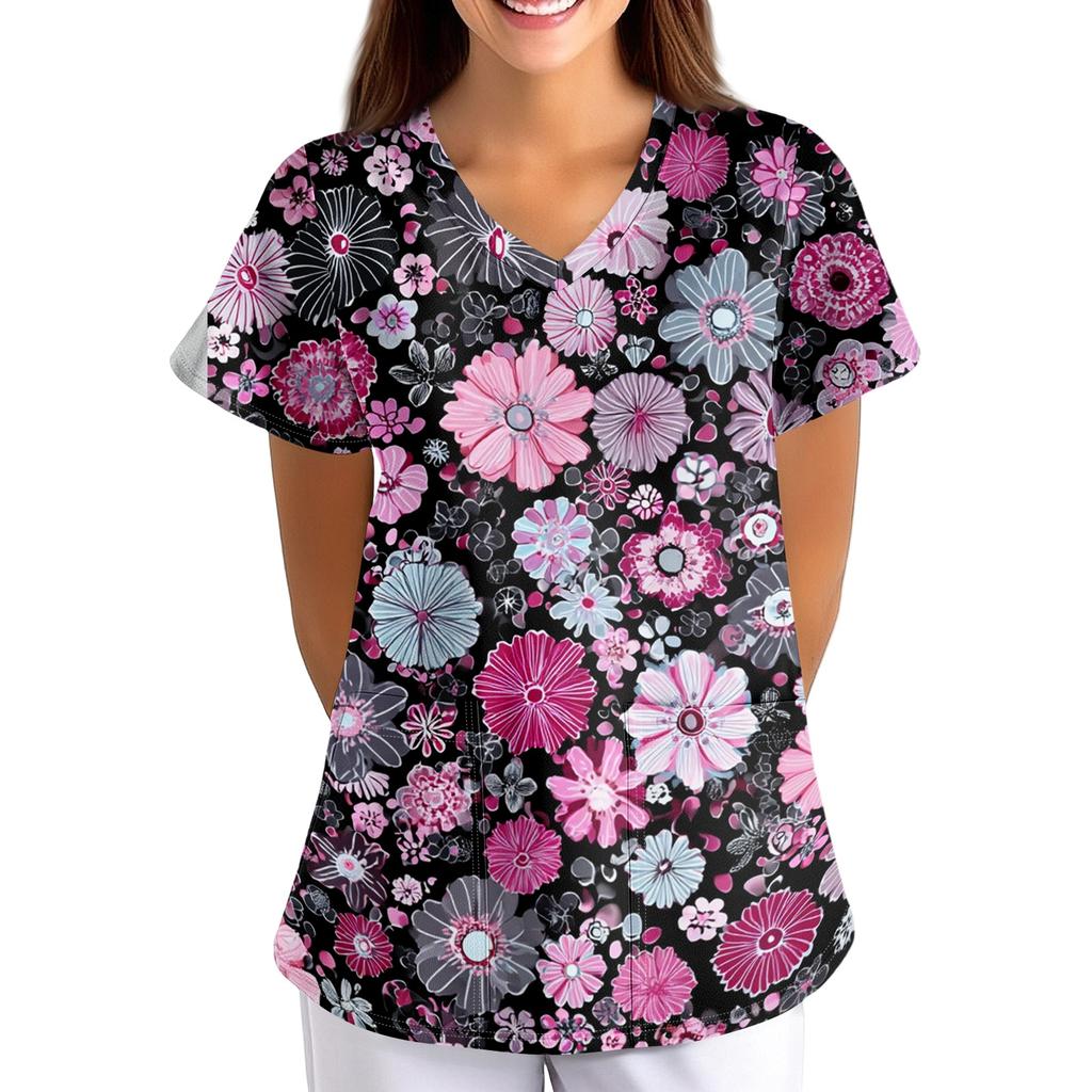 Women's Short Sleeve V Neck Vintage Floral Print Pocket Nurse Scrub Top Medical Uniform Shirt for Healthcare Professionals