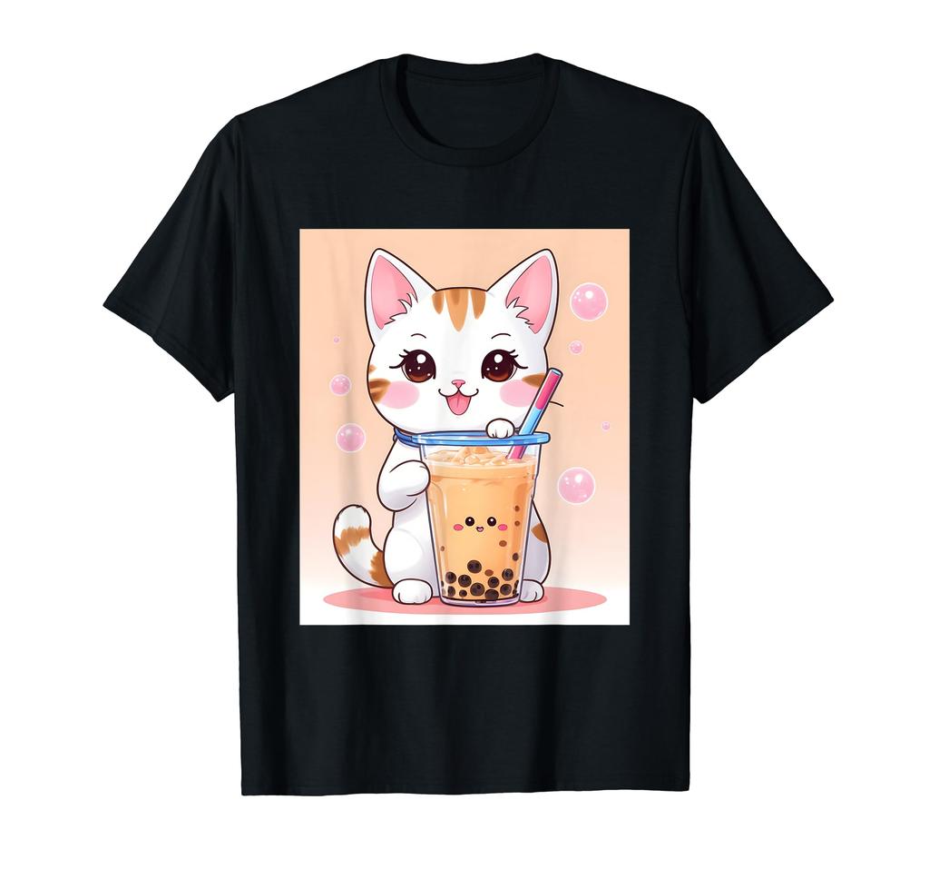 bubble things printed Kawaii, cat, boba, tea, cute, Japanese, T-shirt