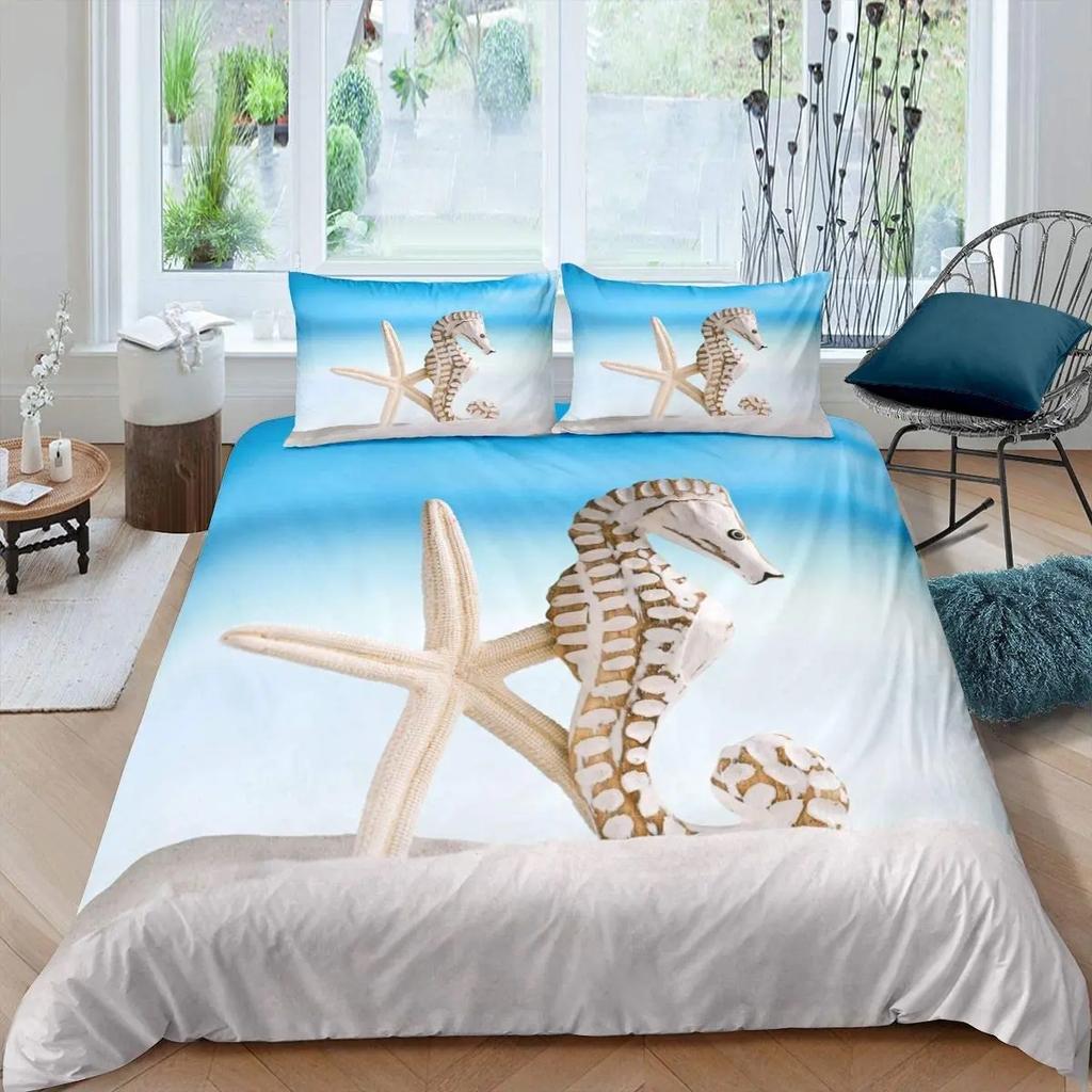 Beach Starfish Duvet Cover Set Queen Blue Cute Ocean Creatures Bedding Set Sea Shells Starfish Print Tropical Comforter Cover