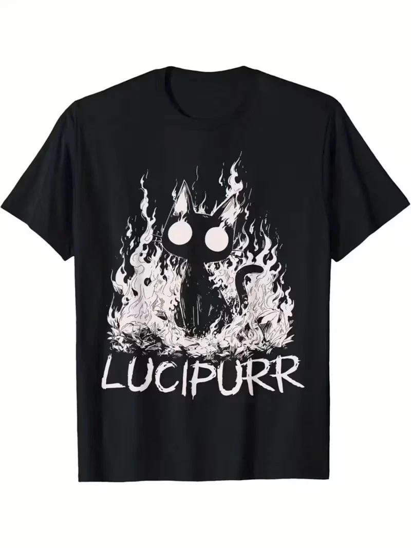 

Men S Lucipurr Gothic Pun T-Shirt - Funny Black Cat in Flames Graphic Tee, 100% XL