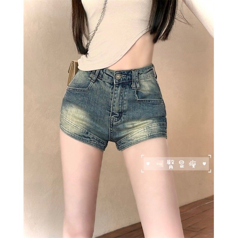 Cacoli Small Distressed Retro Washed Denim Shorts Women's Sexy Wind Stretch Slim-Fitting Straight Pants Hot Pants Summer