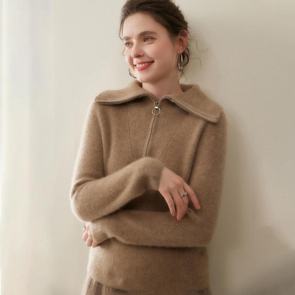 Damen Dick gestrickter Kaschmirpullover - Großer Reverskragen, Polo-Kragen mit halbem Reißverschluss, Vielseitige lockere Passform für Herbst und Winter