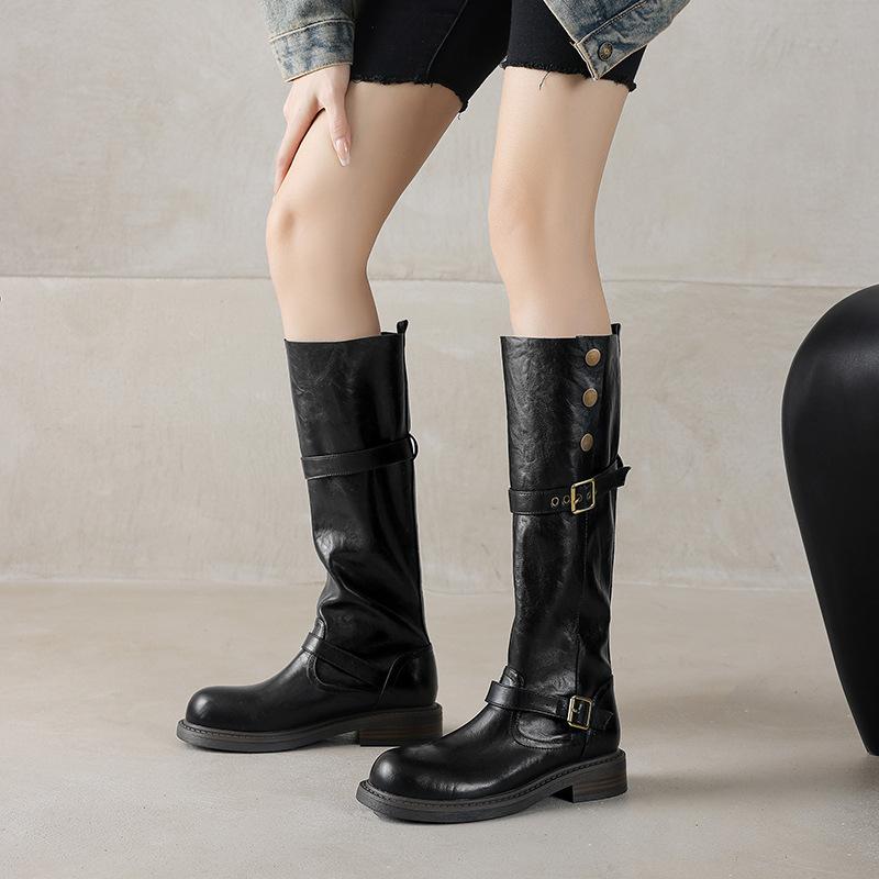 Herbst- und Winter-Dicksohlen-Rutschfeste Damen-Komfort-Lederstiefel mit niedrigem Absatz, Übergröße, Damenstiefel mit Blockabsatz und runder Spitze, kn