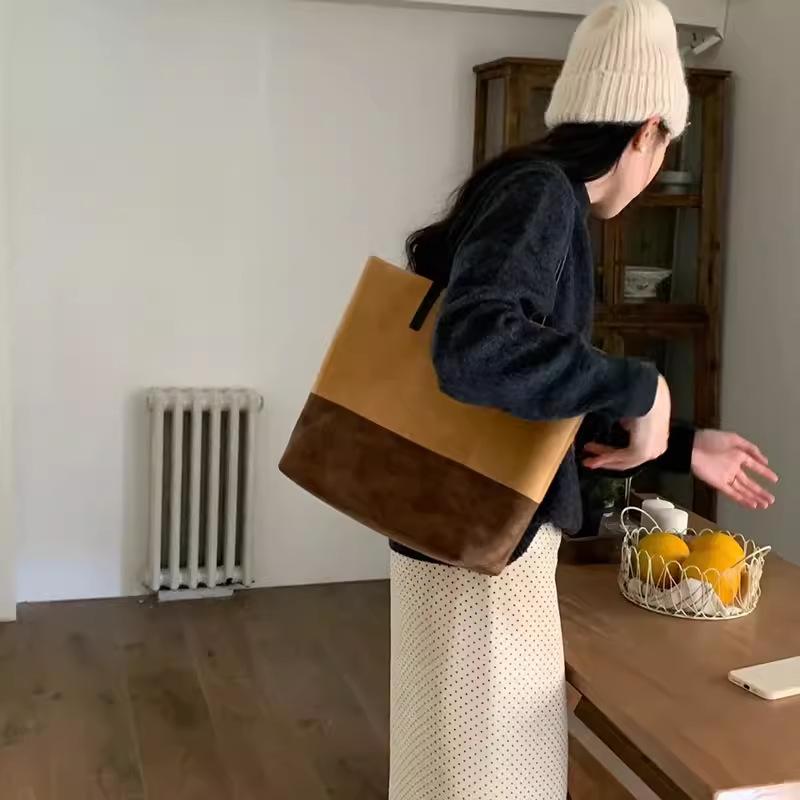 Fashion Tote Bags Retro Advanced Korean Splicing Color New Women's Retro Suede High Capacity Trend Versatile Lady Shoulder Bags