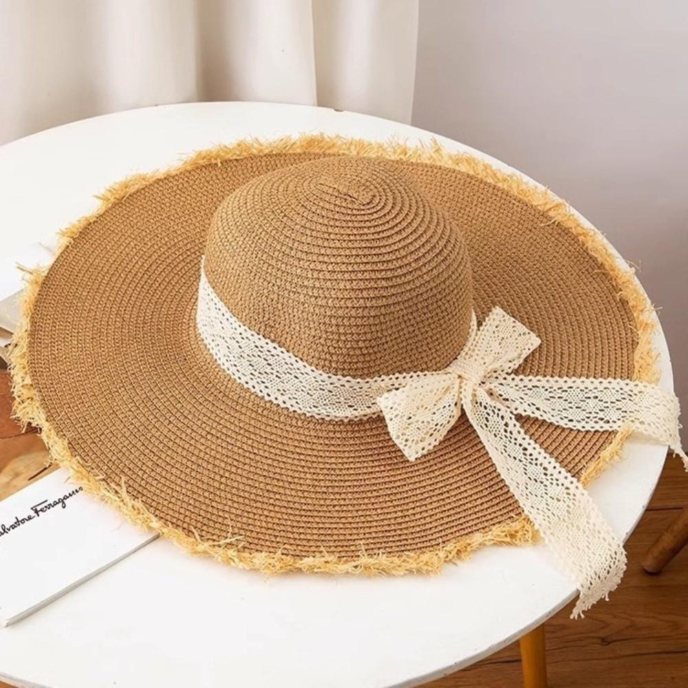 New Lace Outdoor Sun Hat Bow Frills Elegant French-style Beach Hat Stylish Lace Straw Cap хаки