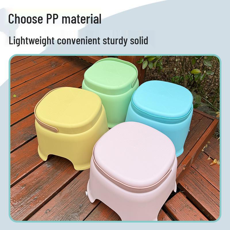 Adorable non-slip plastic stool for kids' bath and shoe changing - durable, portable, and waterproof.