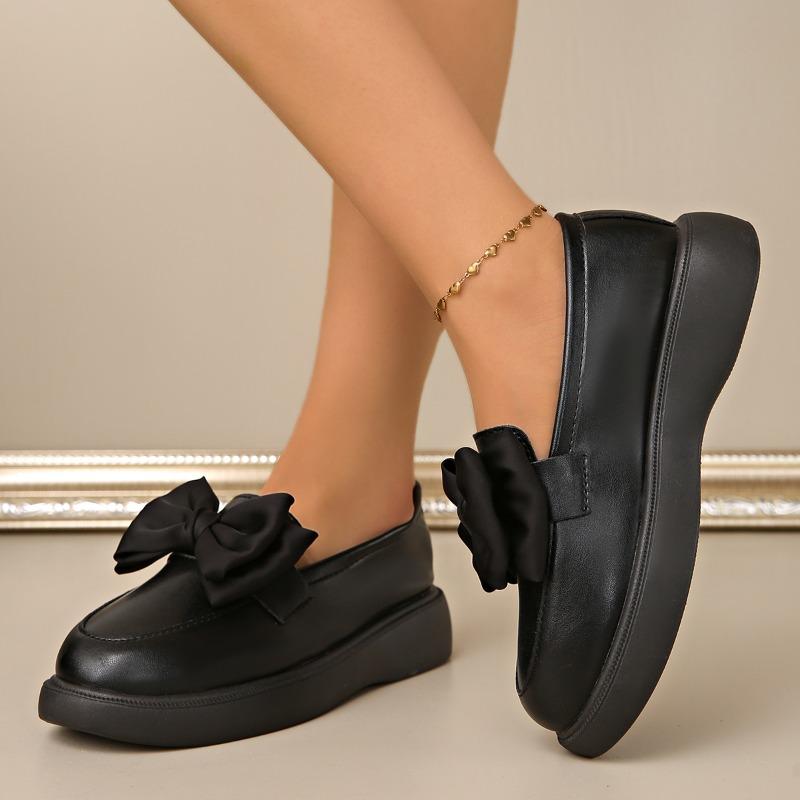 Summer New Solid Color Retro Small Leather Shoes Women's Large Size Platform College Bow
