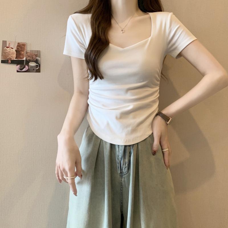 Irregular square neck short-sleeved shirt women's summer new design sense niche slim and thin student tops trendy