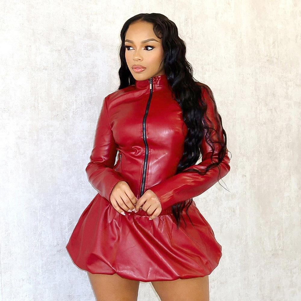 Women's Spring/Summer Standing Collar Zip Top Short Skirt Set