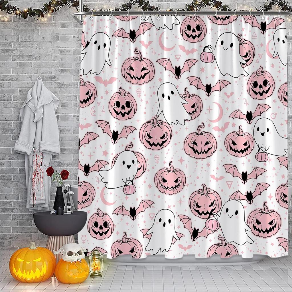 Halloween Duschvorhang Gruselige Kürbisse Spukgespenst Gotische Fantasy Magie Horror Stoff Dekorative Badezimmer Vorhänge Mit