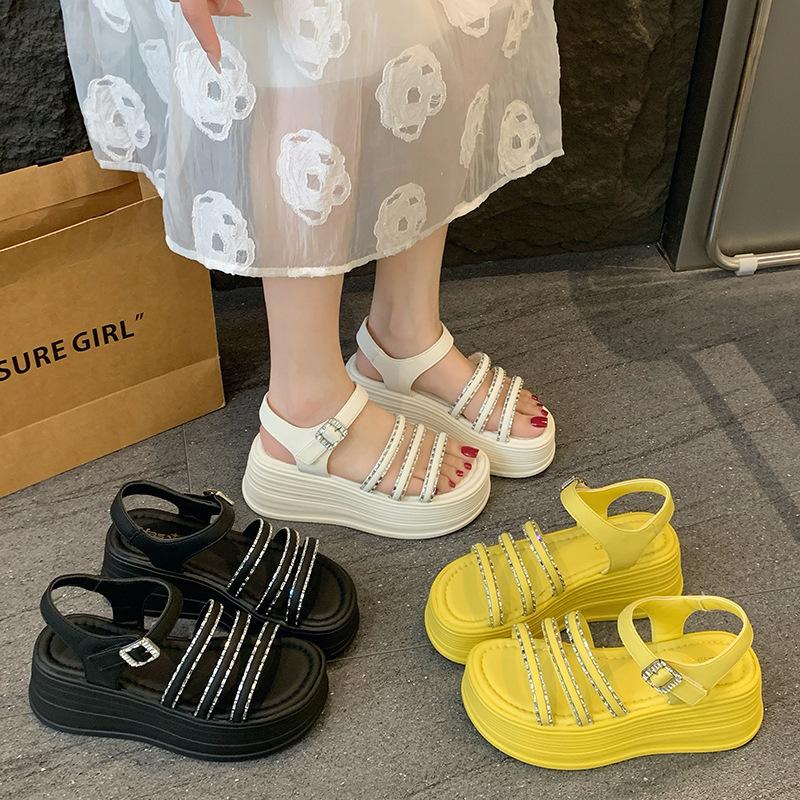Spring and Summer New Thick-soled Heightening Sandals Women's Small High Heels with Skirts French Rhinestone Open-toed Beach Shoes