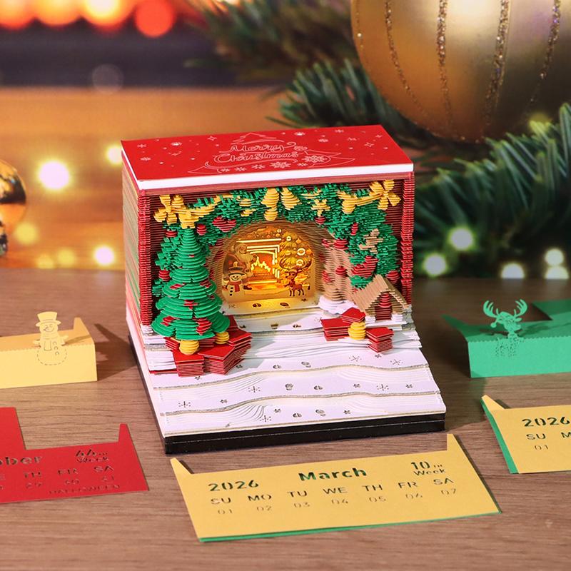 Time Piece Calendar 2026 Desk Calendar With Led Light 3D Tear-Away Calendar Paper Carving Art Memo Pad Notepad Gift Christmas