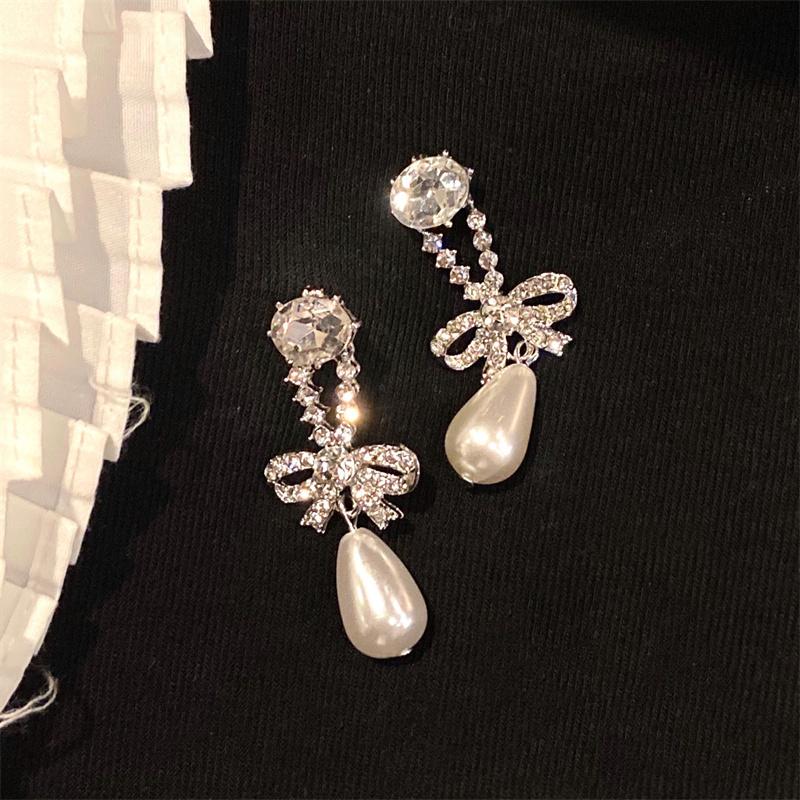 Elegant Shiny Zircon Bow Pearl Drop Earrings For Women Fashion Party With Zircon Accessories