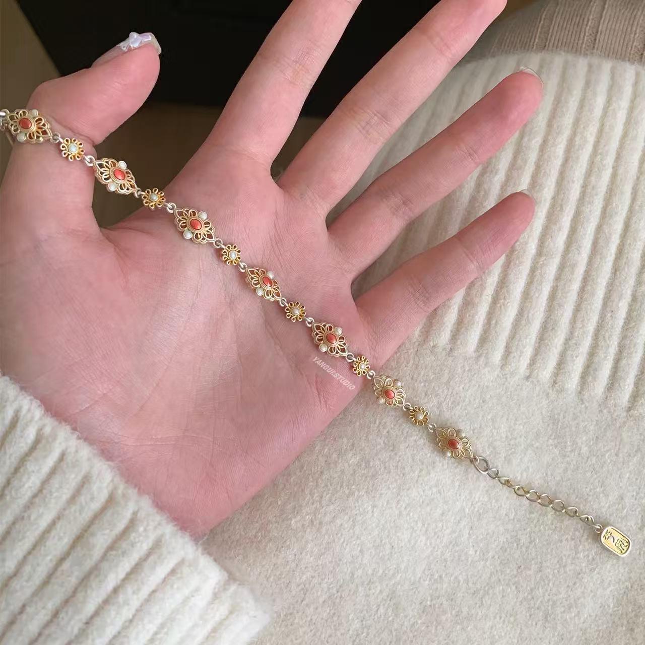 Sterling Silver Gold-Inlaid Enamel Flower Bracelet: Elegant Pearl Gift for Her 999.9 Sterling Silver