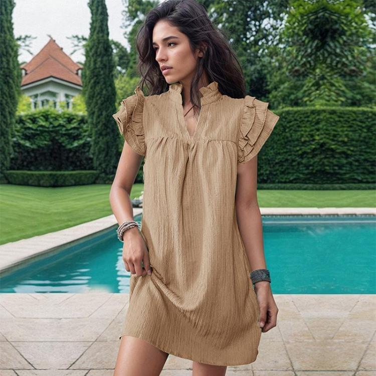 Summer Women Loose Dress Solid Color Standing Collar Lotus Leaf Sleeve Elegant Casual